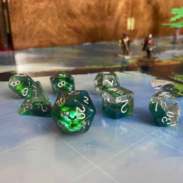 Green Demon Eye Resin Dice Set - 7-Piece Polyhedral Set for D&D Feywild Wanderer and Tabletop RPGs