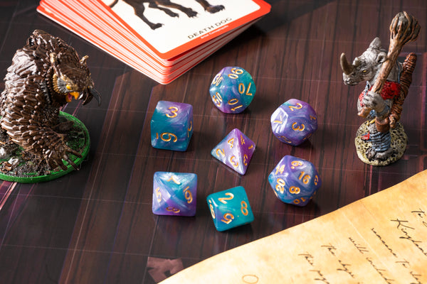 Thunderclap Blue and Purple Swirl Resin Dice Set - 7-Piece Polyhedral Set for D&D and TTRPGs, featuring a Unique Swirled Design