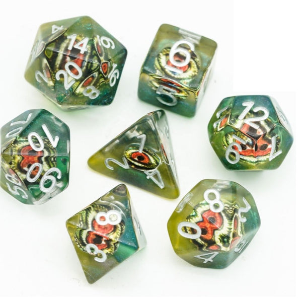 Lizard Eye Resin Dice Set - 7-Piece Polyhedral Set for D&D Lizardfolk and Dragonborn Characters in Tabletop RPGs