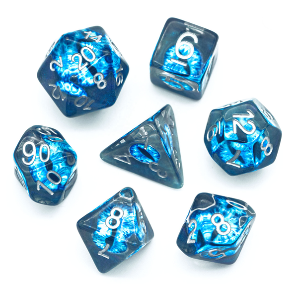 Blue Eldritch Eye Resin Dice Set - 7-Piece Polyhedral Set for D&D and TTRPGs, featuring a Demon Eye Design