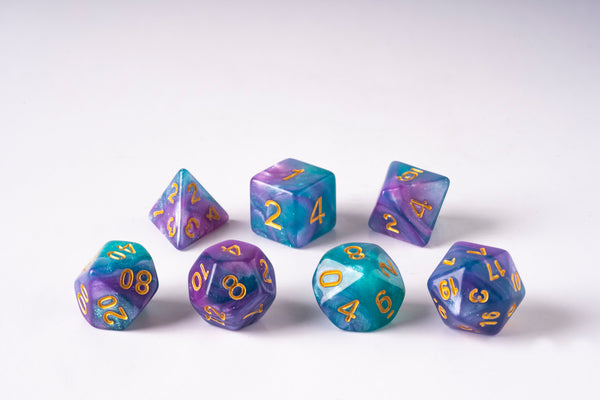 Thunderclap Blue and Purple Swirl Resin Dice Set - 7-Piece Polyhedral Set for D&D and TTRPGs, featuring a Unique Swirled Design