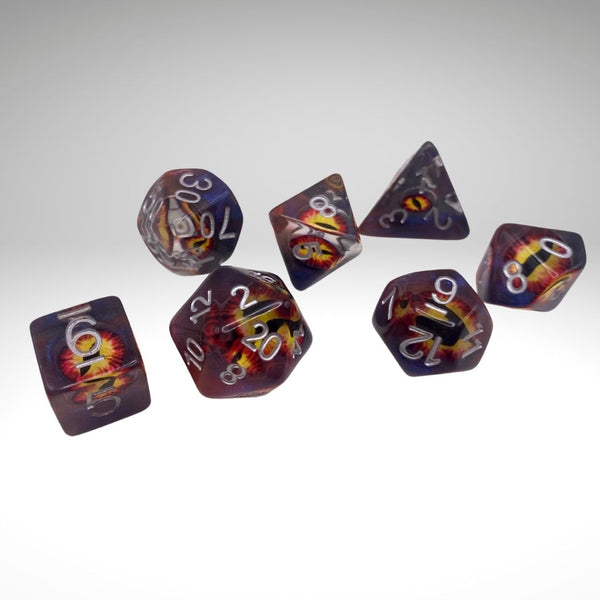 Infernal Gaze Brown Eye Dice Set: 7-Piece Polyhedral Set for D&D Warlock Patrons