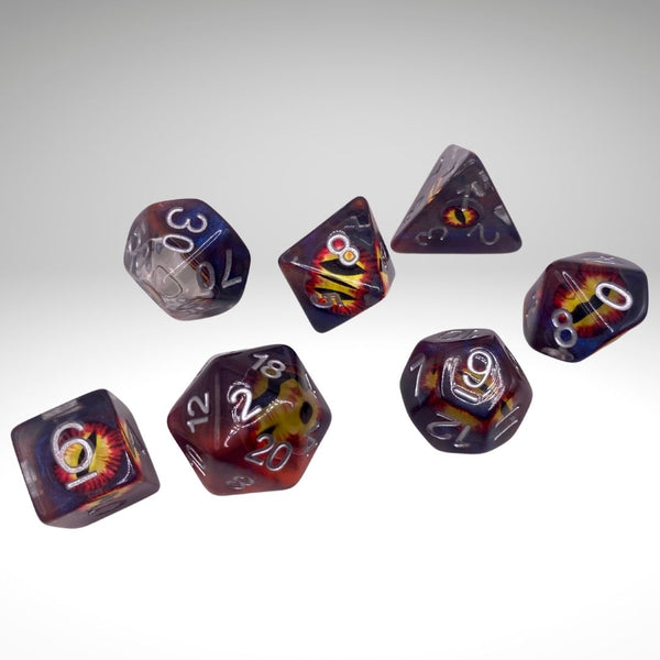 Infernal Gaze Brown Eye Dice Set: 7-Piece Polyhedral Set for D&D Warlock Patrons