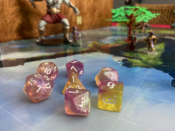 True Strike Purple and Gold Bardic Rockstar Resin Dice Set - 7-Piece Polyhedral Set for D&D and TTRPGs, featuring a Bold and Eye-Catching Design