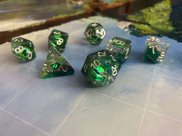 Green Demon Eye Resin Dice Set - 7-Piece Polyhedral Set for D&D Feywild Wanderer and Tabletop RPGs