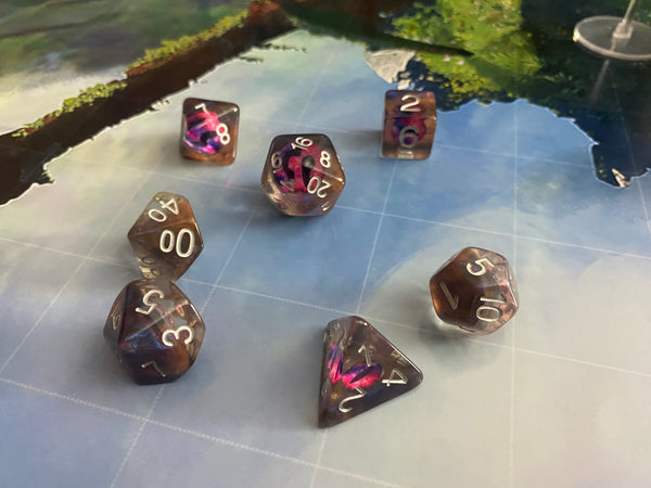 Pink Demon Eye Resin Dice Set - 7-Piece Polyhedral Set for D&D Warlock Pact Magic and Tabletop RPGs